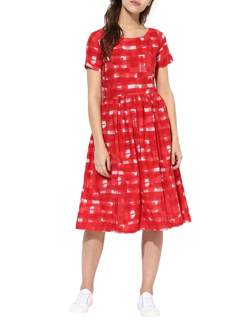 red printed cotton fit & flare dress
