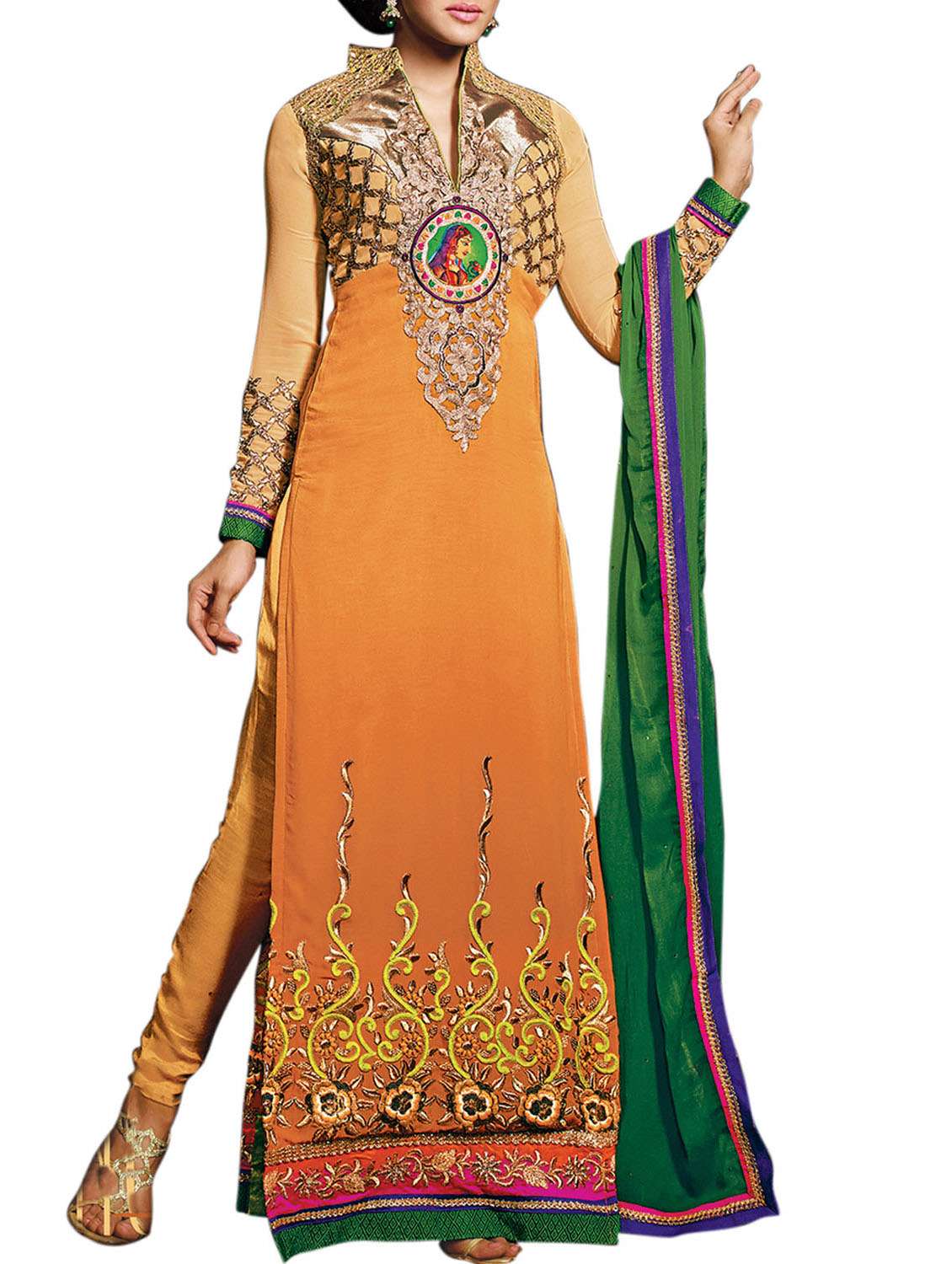 Pale Yellow and Green Coloured Embroidered Suit Set