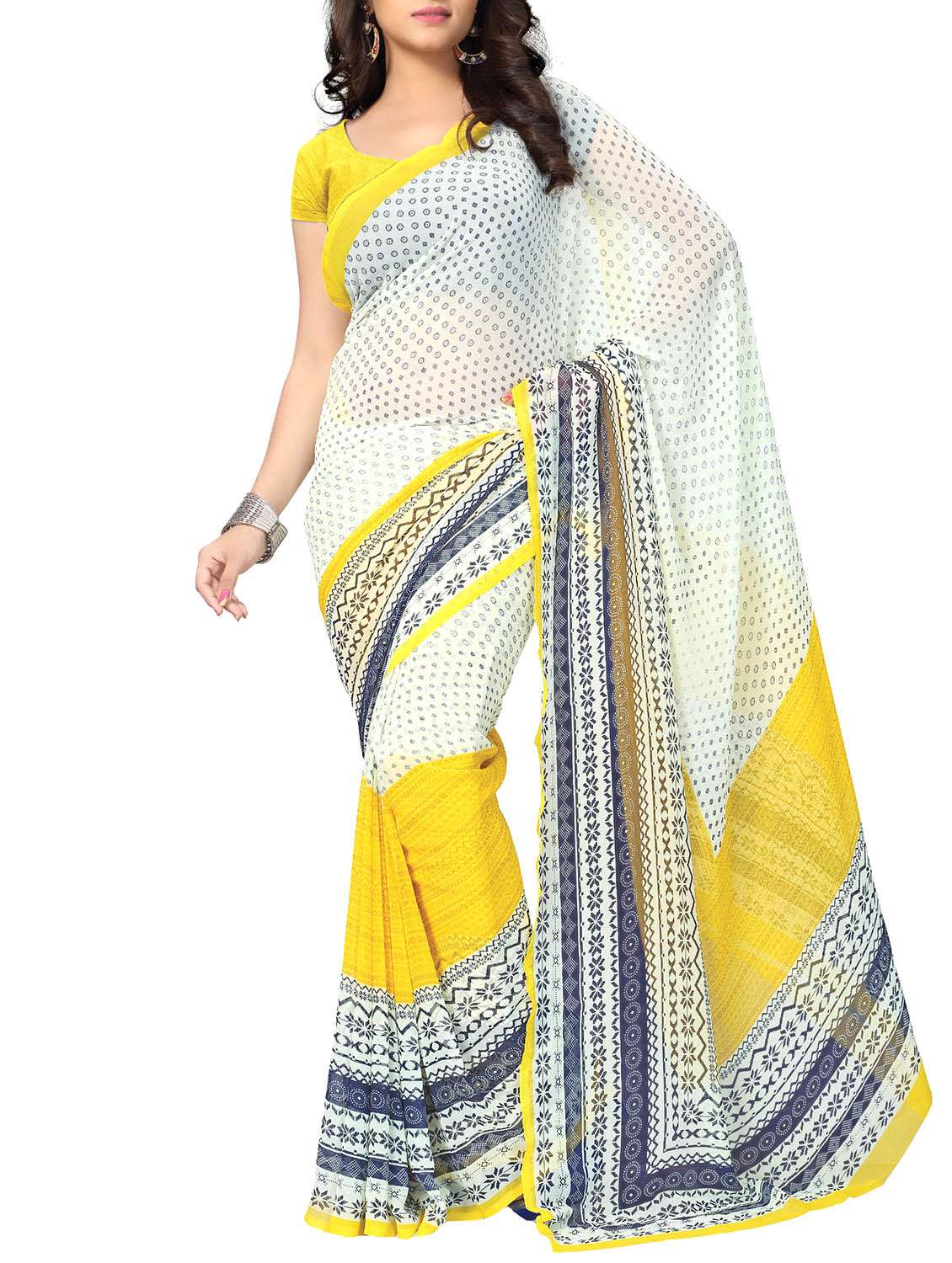 geometrical printed white saree with blouse