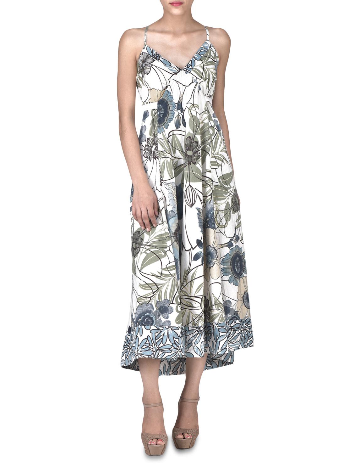 Cream Cotton Printed Sleeveless Maxi Dress - By