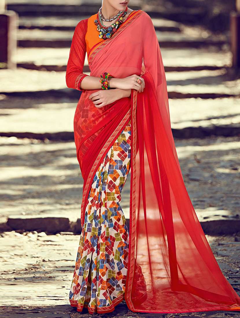 red georgette printed half and half saree with blouse