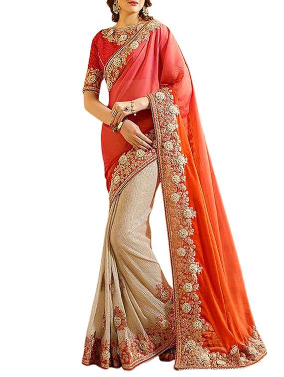 orange & beige chiffon embroidered half and half saree with blouse