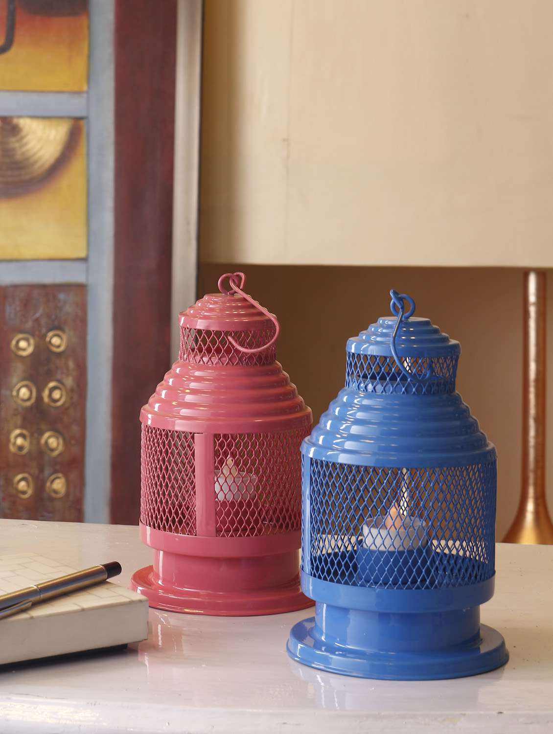 anasa vintage style lantern hanging tealight candle holder sky blue 8 inch