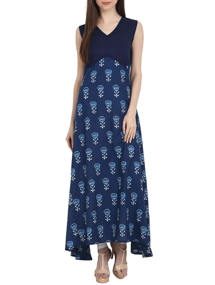 blue cotton printed long kurta