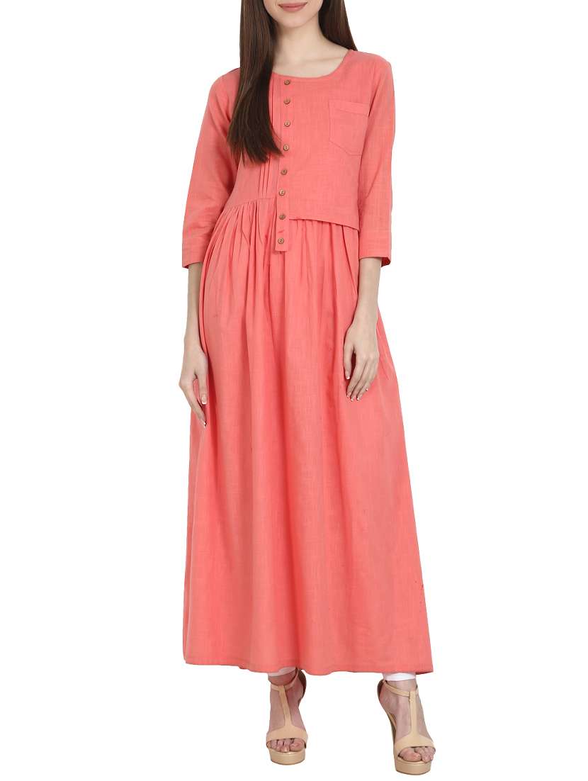 peach plain cotton flared kurta