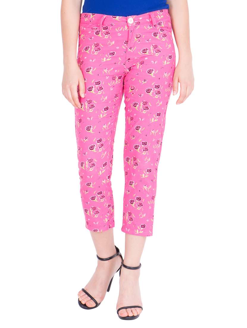 pink floral printed cotton capri