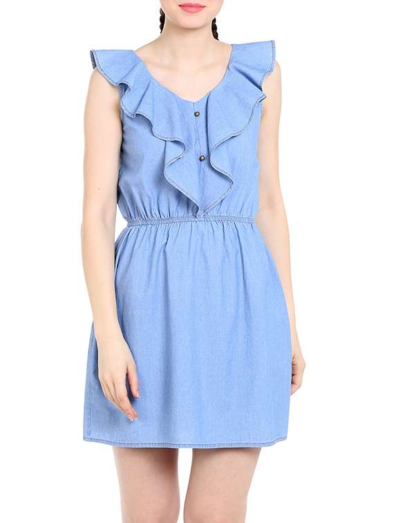 light blue denim ruffle dress