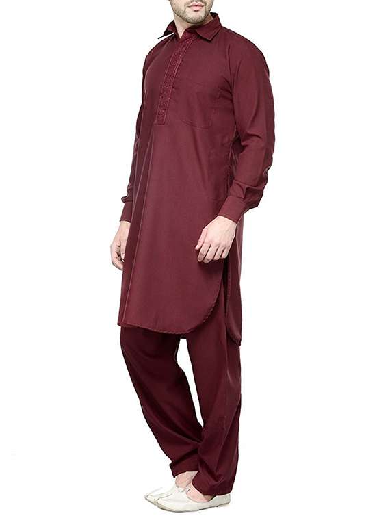 solid maroon cotton kurta pyjama set - 13270136 -  Standard Image - 1