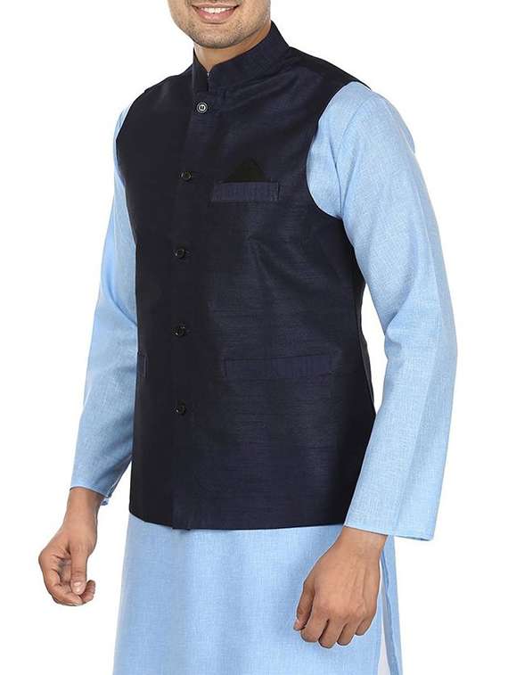 solid navy blue polyester nehru jacket - 13270139 -  Standard Image - 1