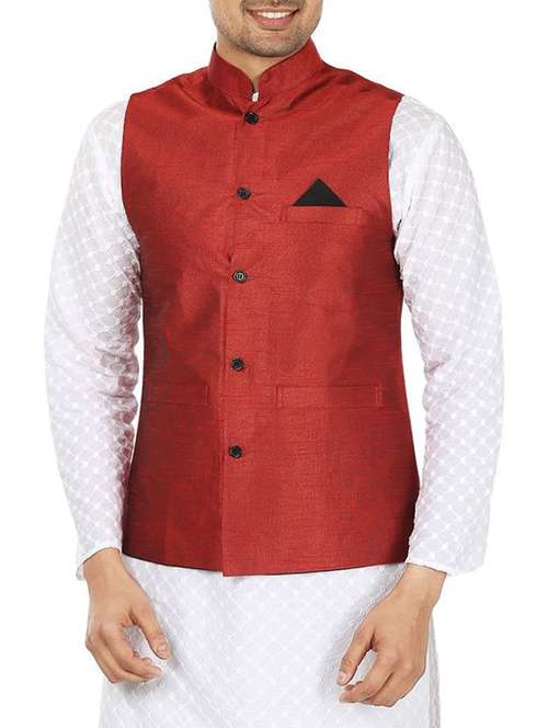 solid maroon polyester nehru jacket - 13270140 - Standard Image - 0