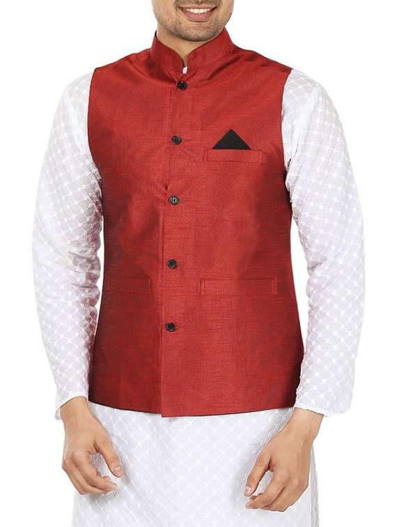 solid maroon polyester nehru jacket - 13270140 - Zoom Image - 0