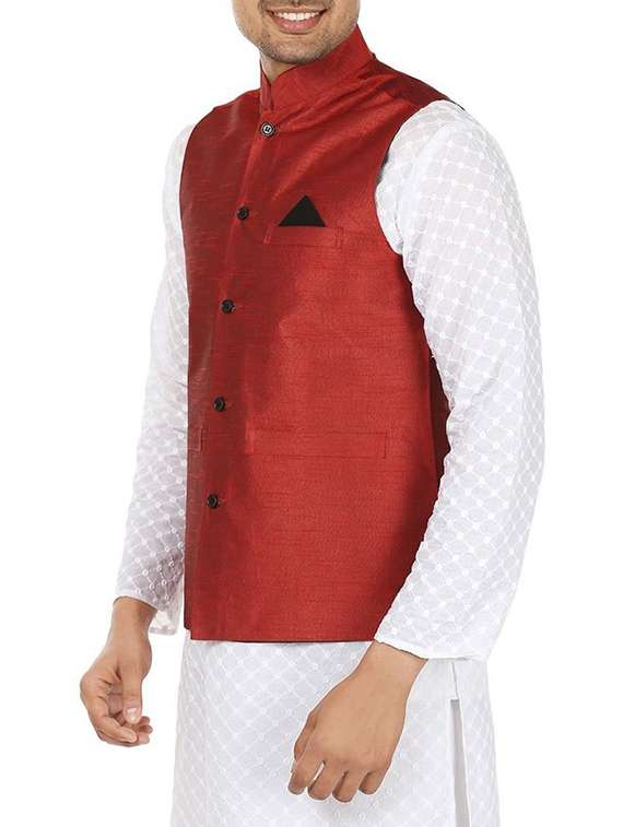 solid maroon polyester nehru jacket - 13270140 - Standard Image - 1