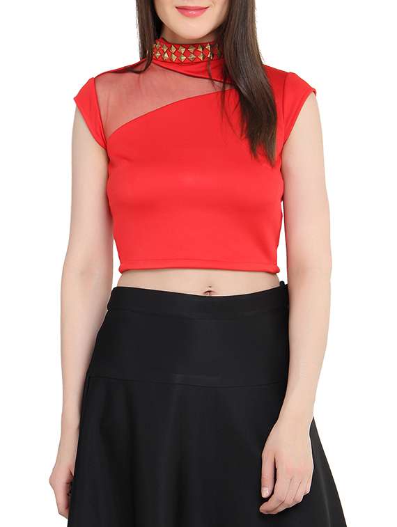 red lycra embellished crop top