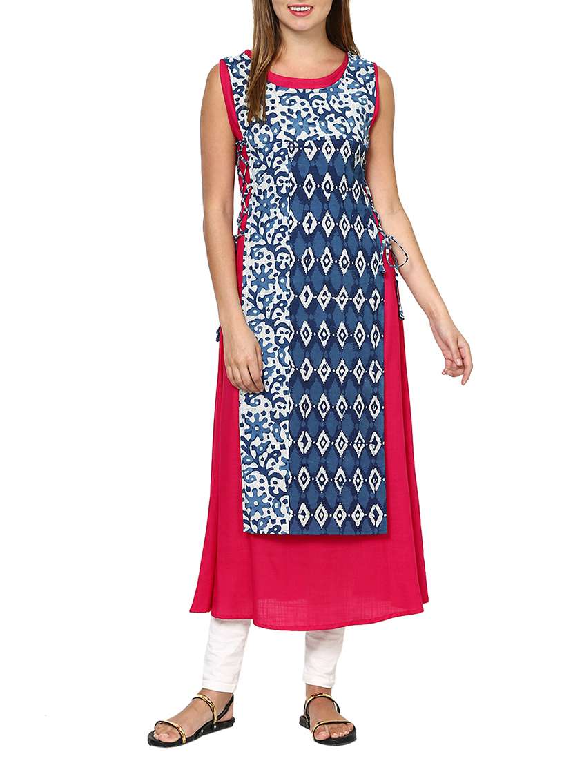 indigo, red and white cotton a-line kurta
