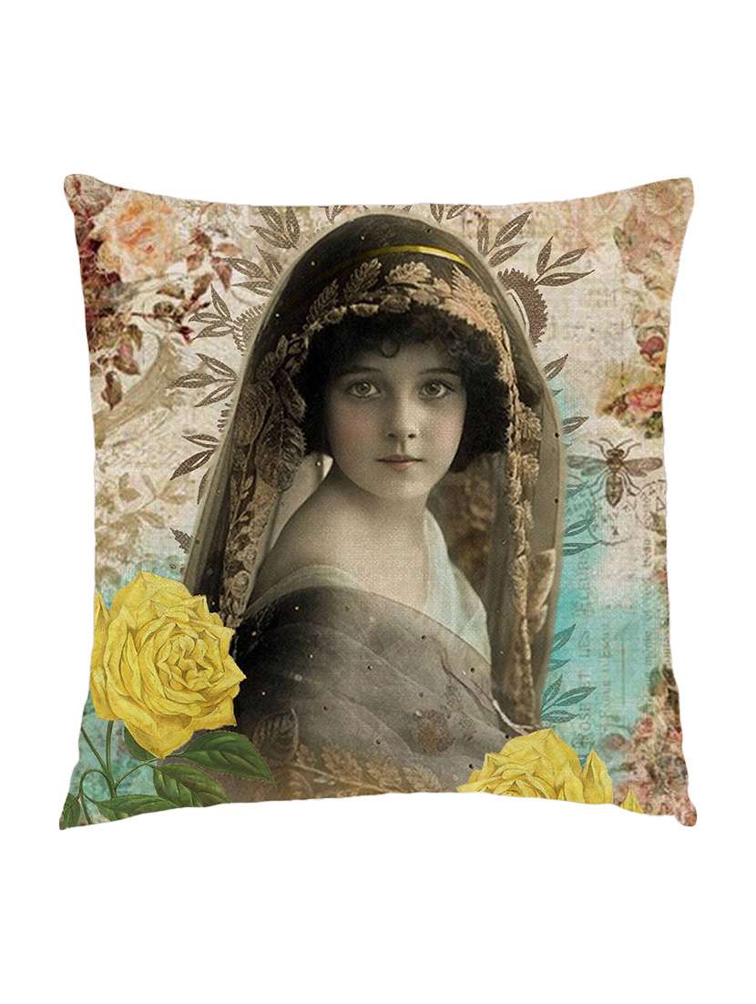 digitaly printed cushion cover of an  vintage lady with yellow roses.