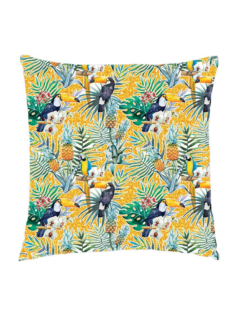 digitaly printed cushion cover of a tropical parrot with leafs