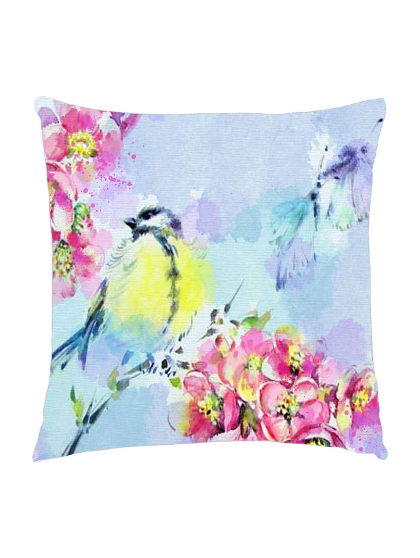 digitally printed cushion cover of bird and flowers in watercolor effect