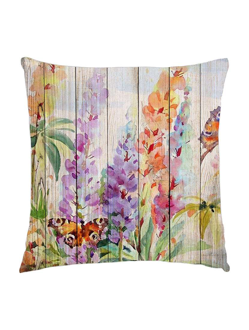 digitally printed cushion cover of flowers and butterfly painted on wooden fence