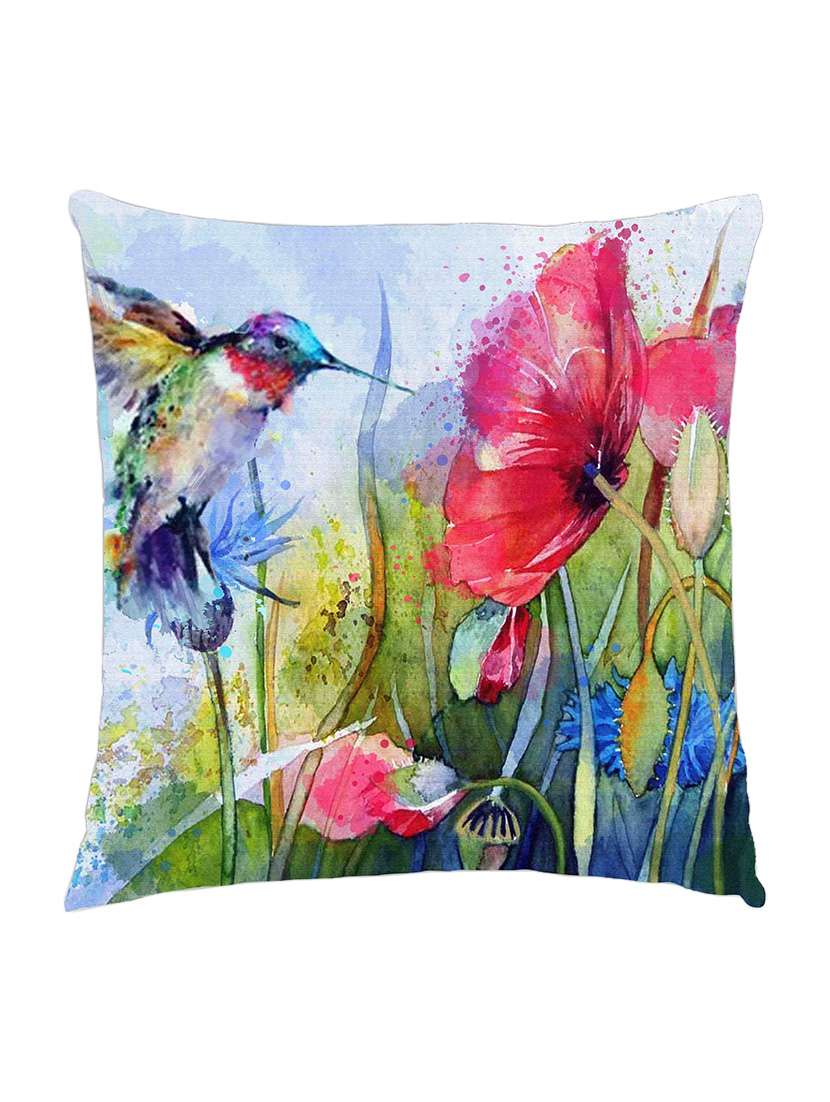 digitally printed cushion cover of watercolor painted flying bird and red flowers