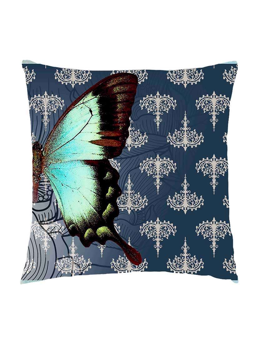 digitally printed cushion cover of a big half butterfly with blue textured background