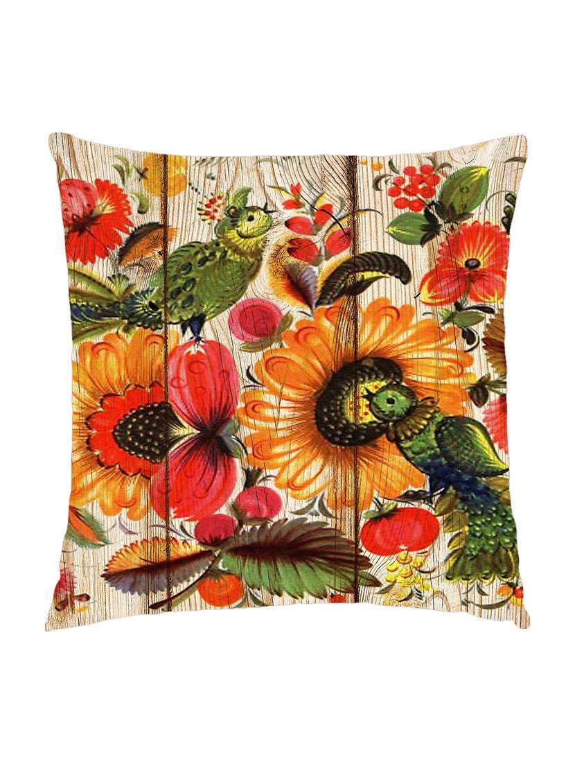 digitally printed cushion cover of flowers and birds on wooden plank