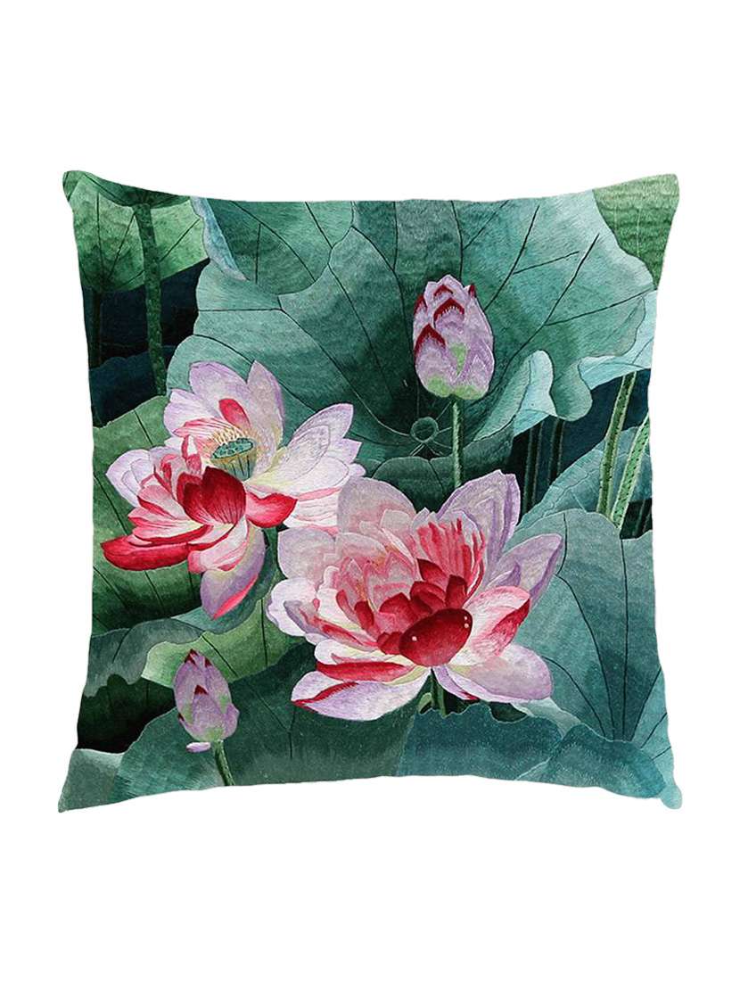 digitally printed cushion cover of lotus flowers and leaves