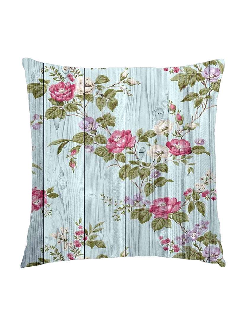 digitally printed cushion cover of blue wooden plank with flowers