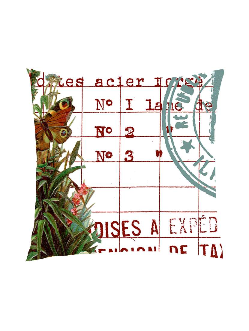 digitally printed text, stamp & butterfly satin cushion cover