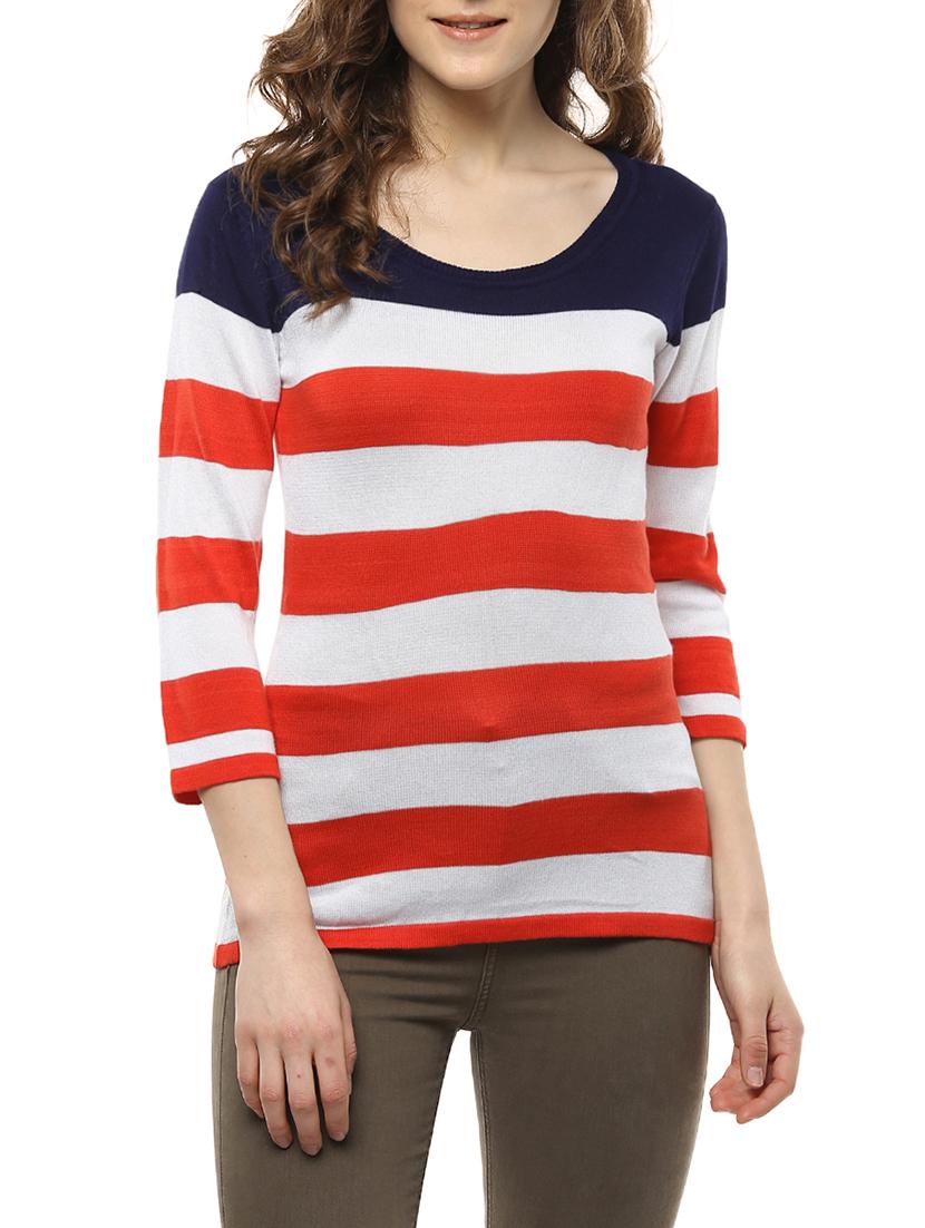 red striped single ply viscose knit regular top