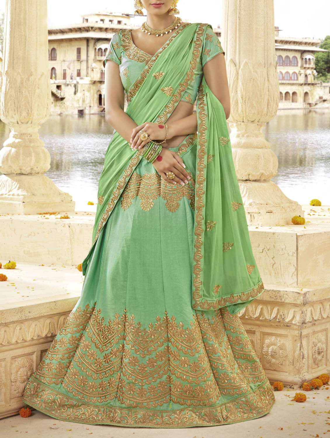green art silk embroidered flared lehenga