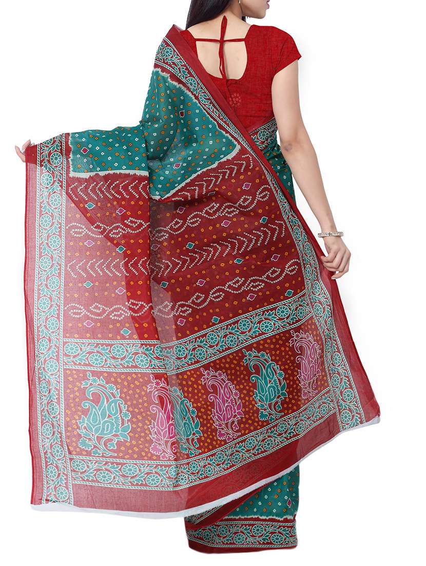 green cotton bandhani saree with blouse - 13308135 - Standard Image - 1