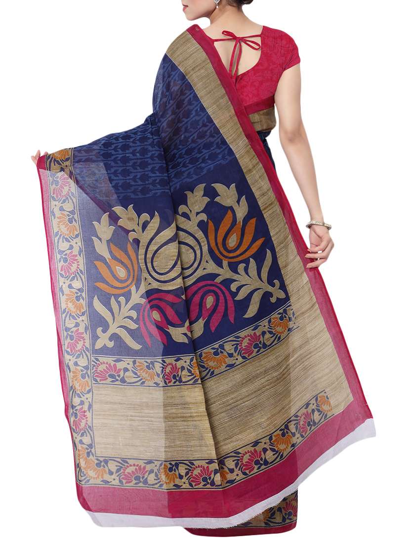 women's floral navy blue colored saree with blouse - 13308156 -  Standard Image - 1