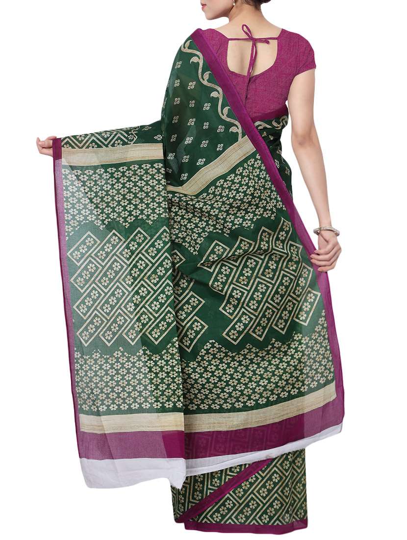 women's printed bottle green colored saree with blouse - 13308164 -  Standard Image - 1