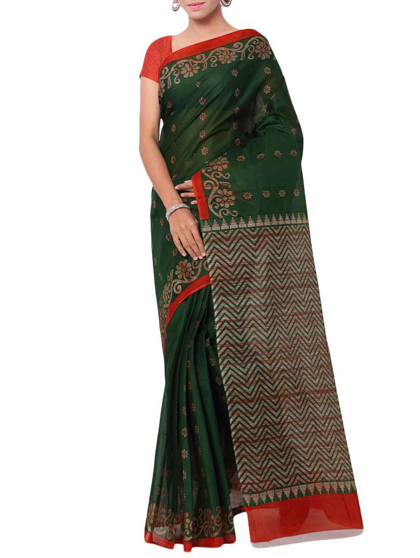 women's floral dark green colored saree with blouse