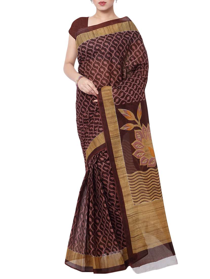 women's printed maroon colored saree with blouse