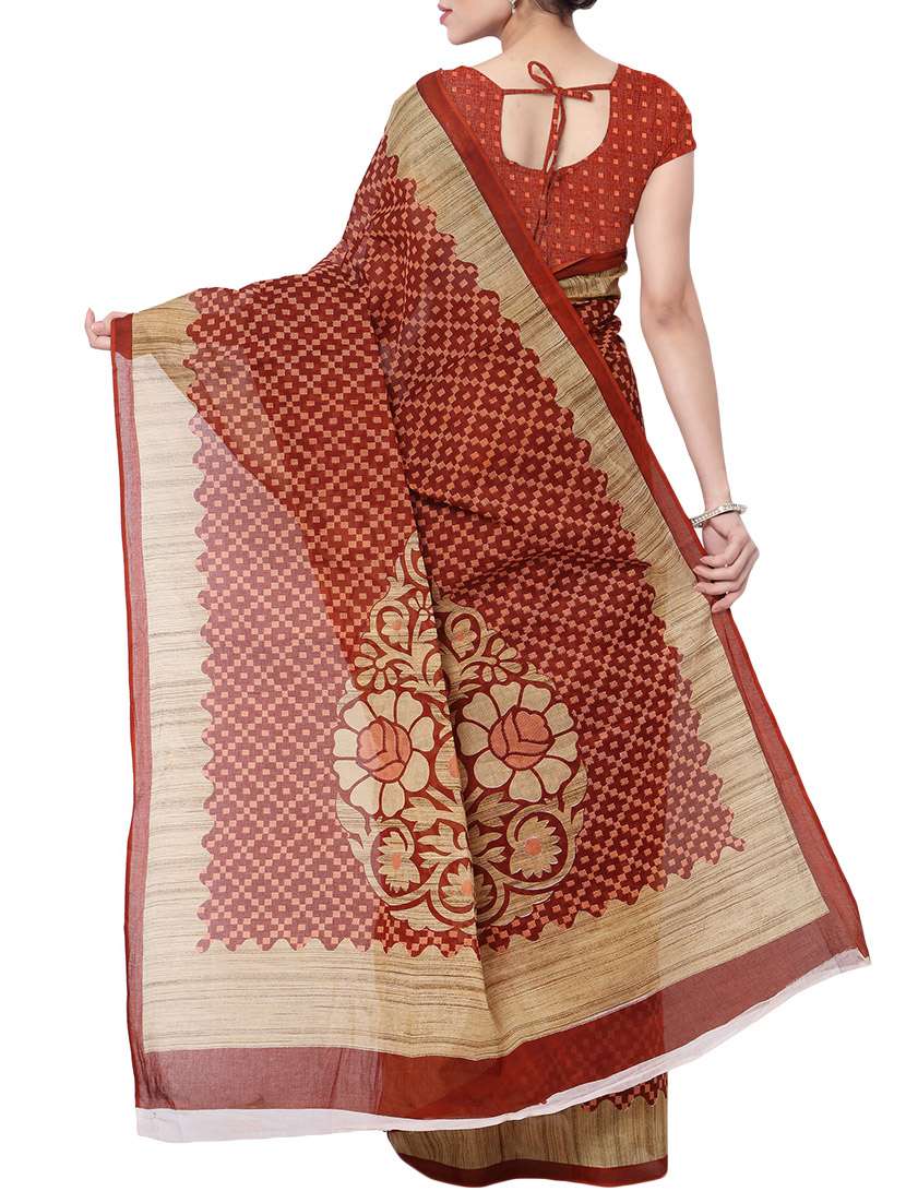 maroon cotton printed saree with blouse - 13308192 - Standard Image - 1