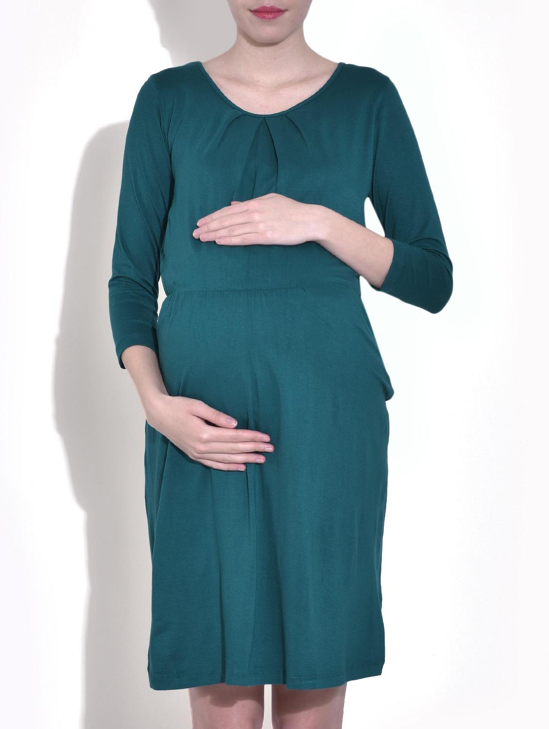 Solid Teal Green Knee Length Viscose Maternity Dress - By