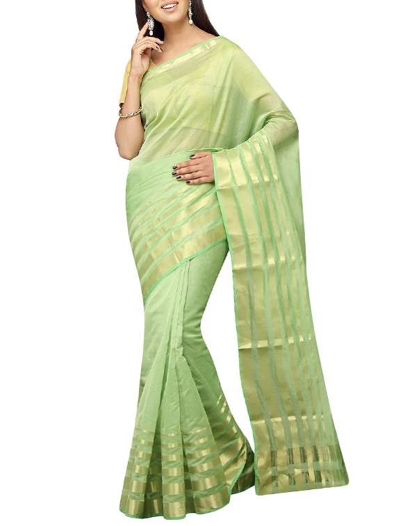 green cotton blend bordered saree with blouse