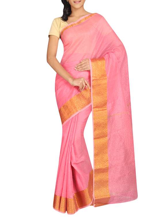 pink cotton blend bordered saree with blouse