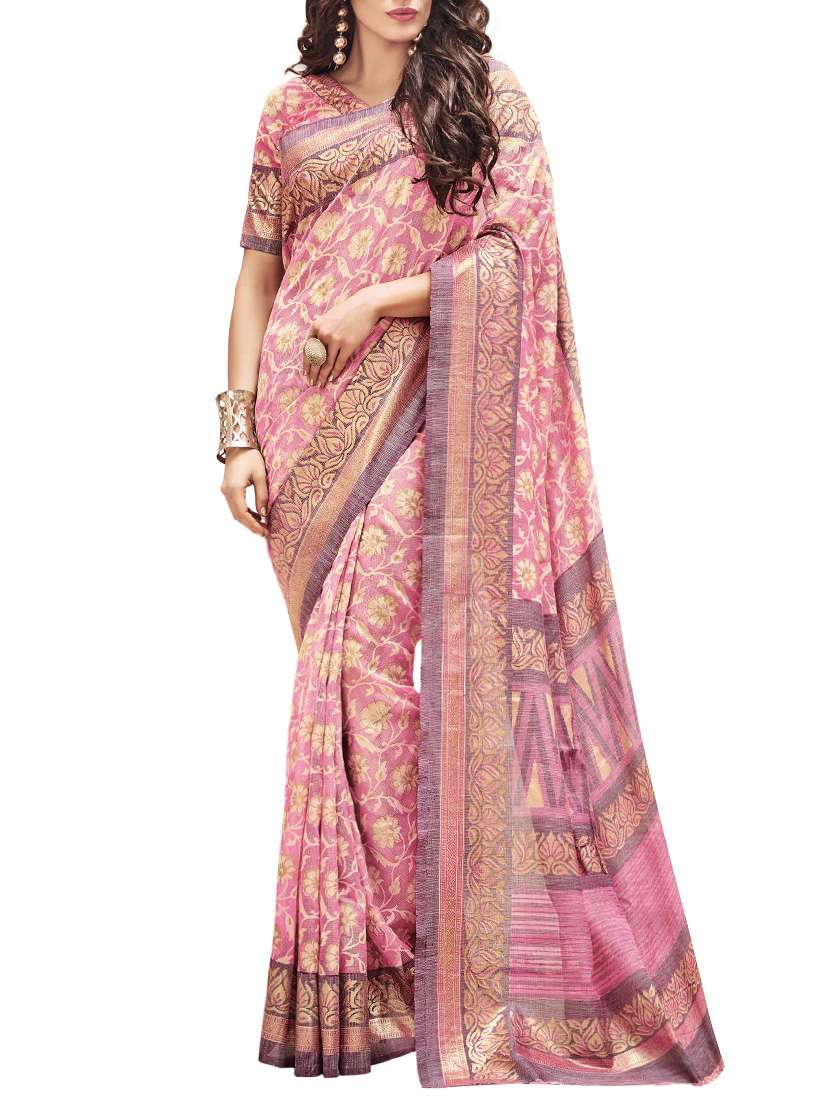 pink art silk printed saree with blouse