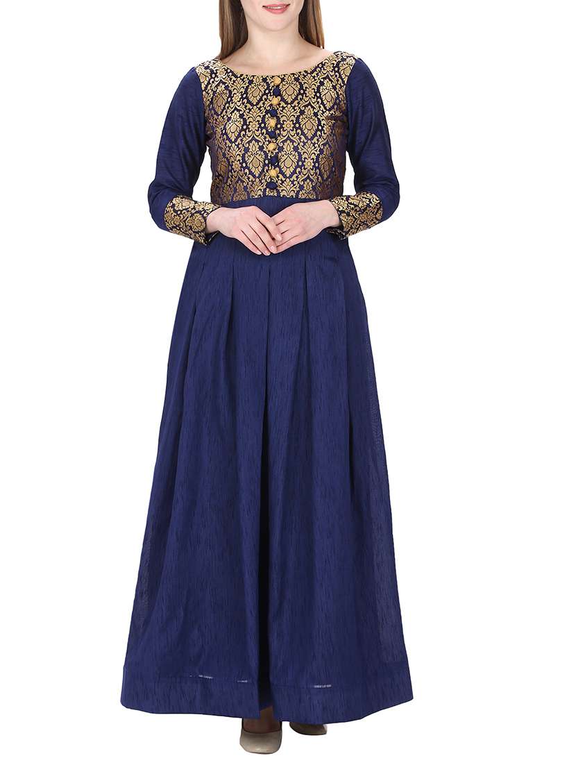 blue colord boat neck raw silk anarkali kurta