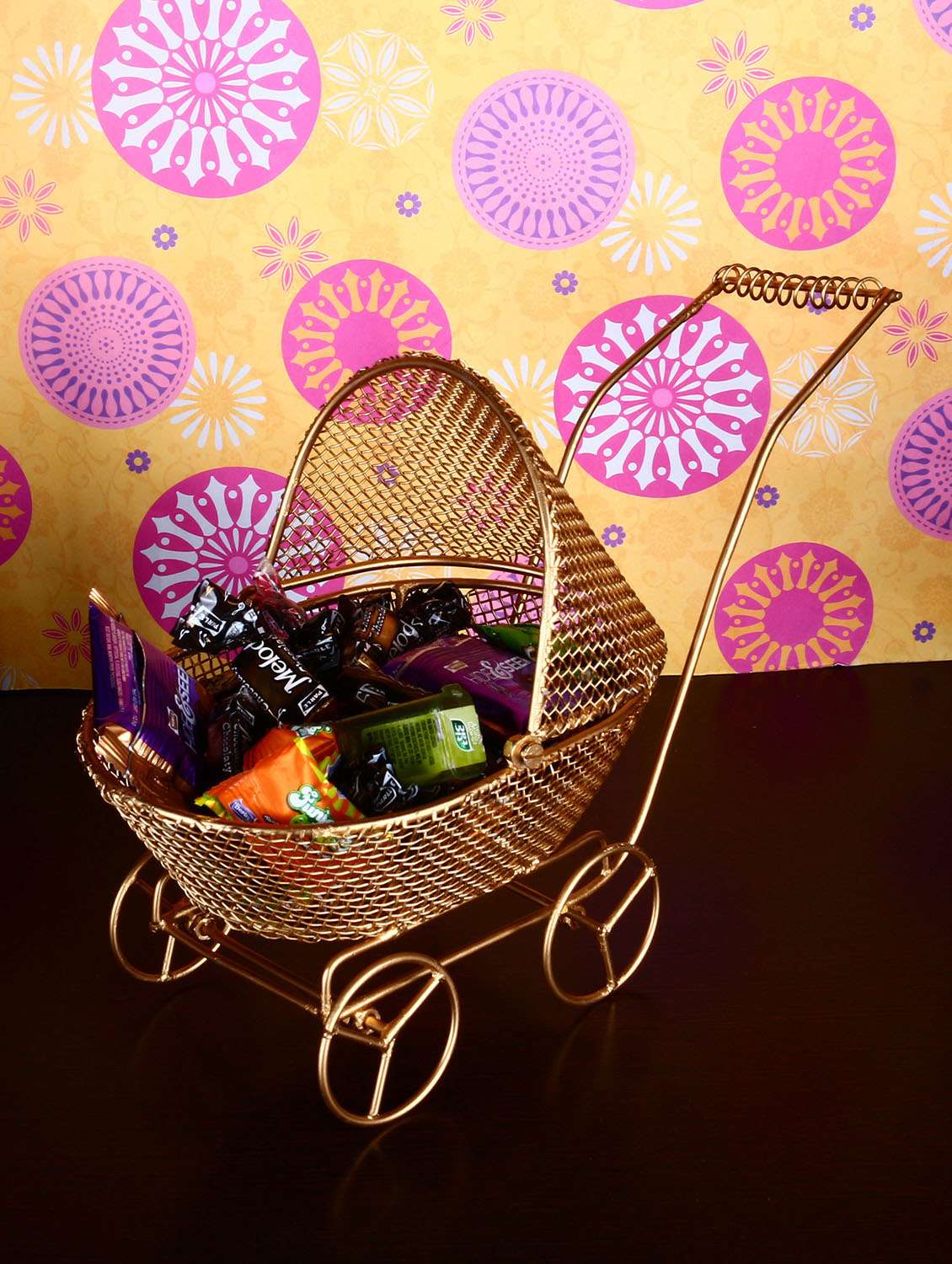 carnival decor brass trolley basket for decorative purpose