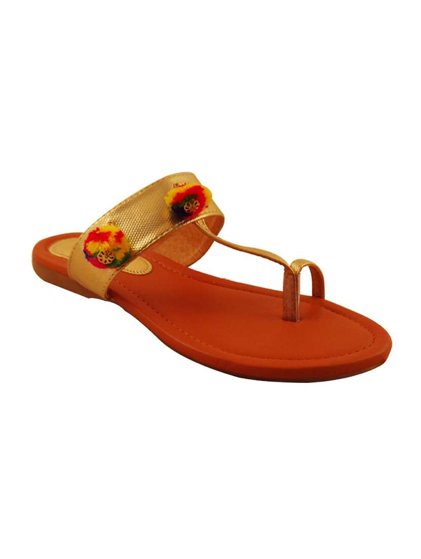 gold pom poms one toe kolhapuri