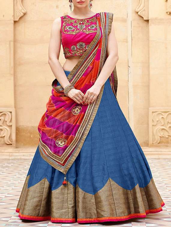blue silk embroidered lehenga
