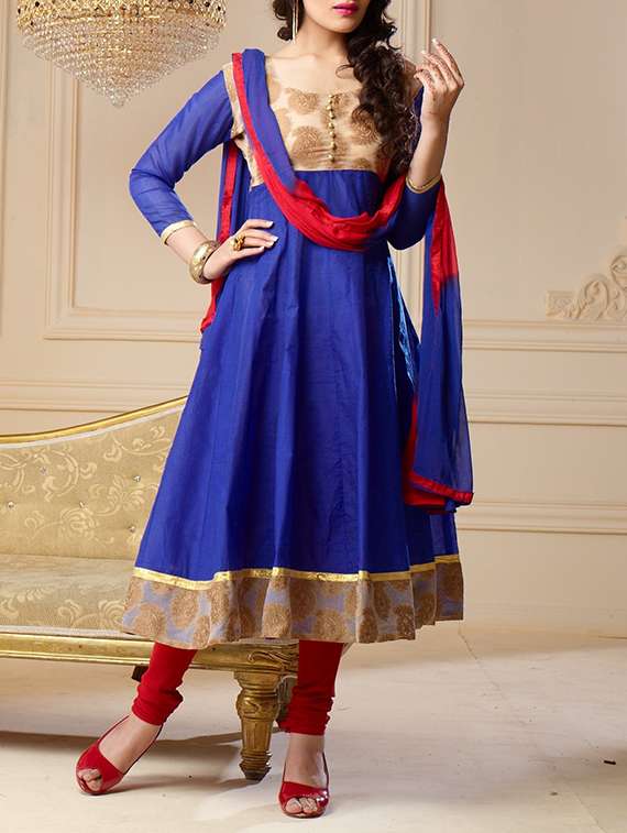 blue cotton blend unstitched suit - 13363896 -  Zoom Image - 0