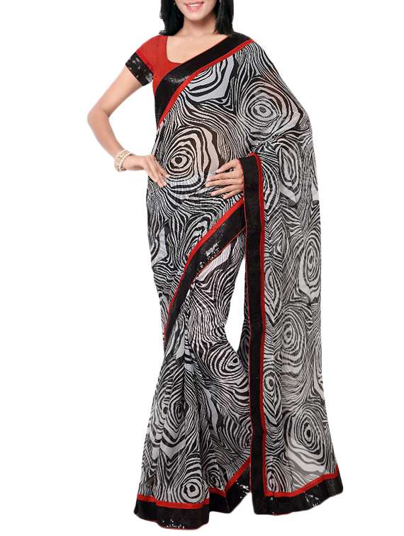 black chiffon printed saree with blouse