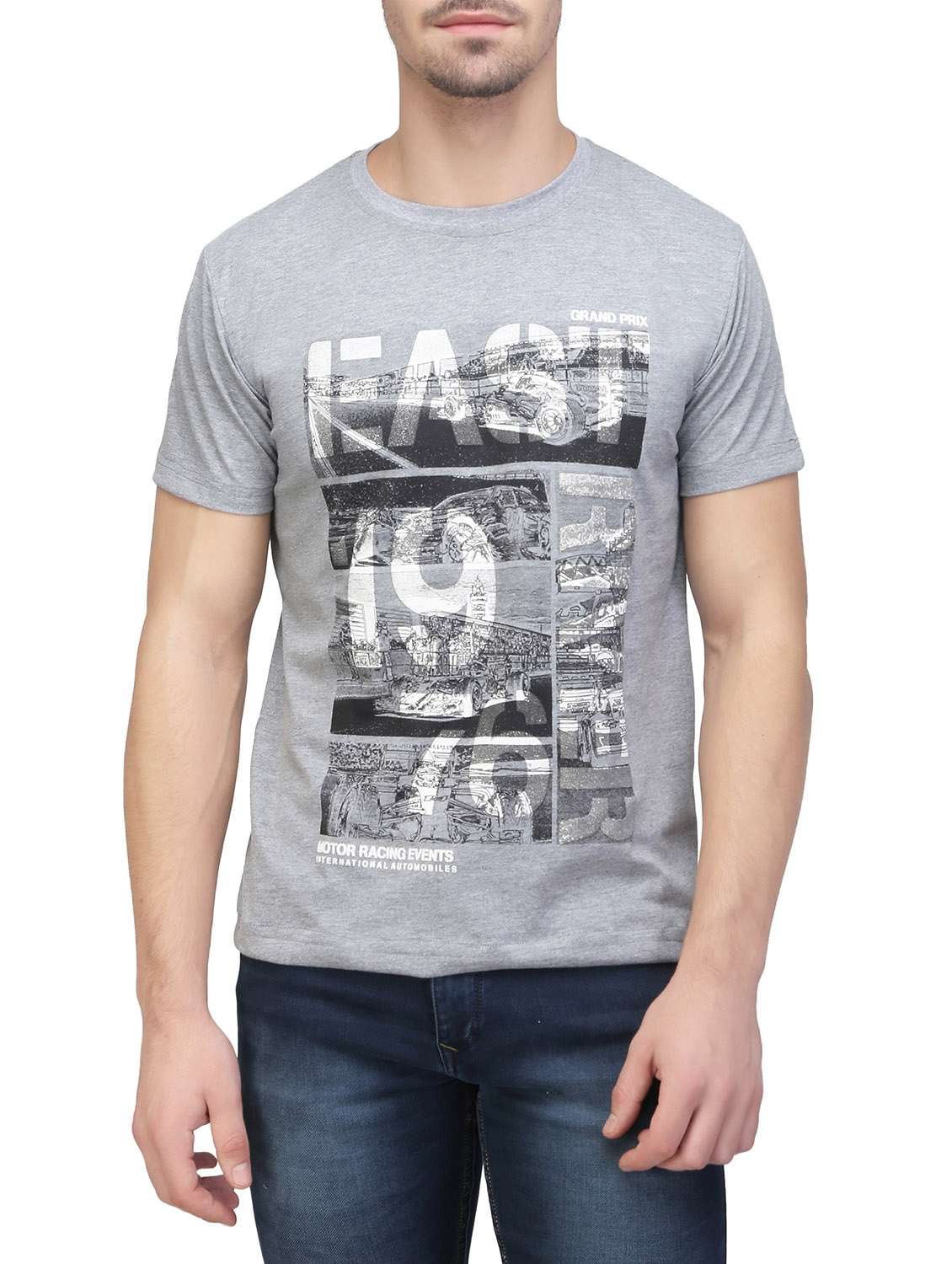 grey cotton chest print t-shirt