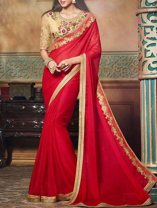 red chiffon bordered saree with blouse - 13372160 -  Standard Image - 0