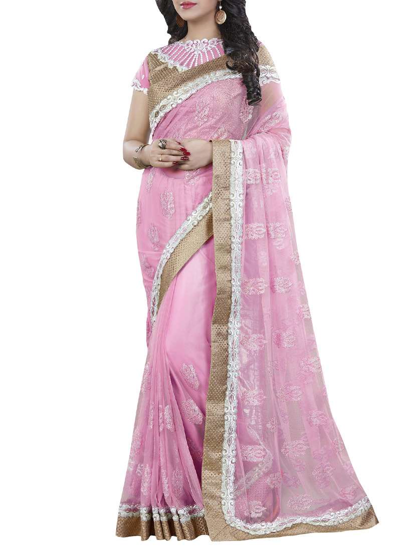 pink net embroidered saree with blouse