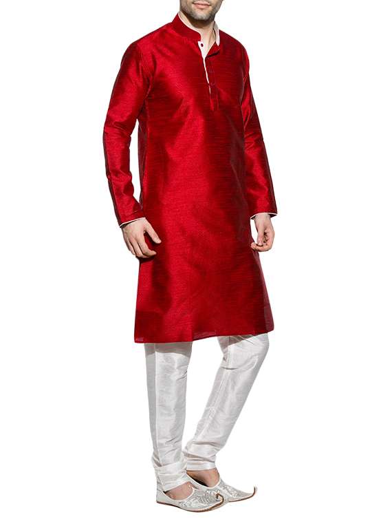 solid red polyester kurta pyjama set - 13394849 -  Standard Image - 1